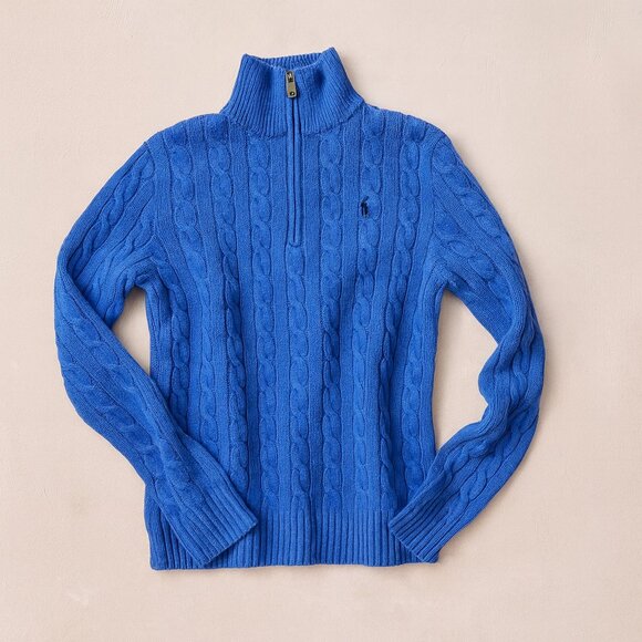 POLO Ralph Lauren Blue Wool Cashmere Cable Knit Quarter-Zip Mock Neck Sweater M - Picture 1 of 12